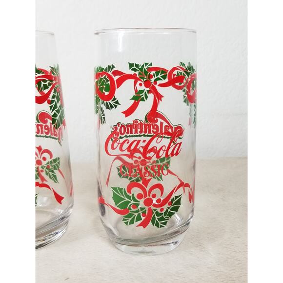Coca Cola Classic Christmas Drinking Glass 16oz Valentino's Pizza 7" Vintage x3 - Picture 4 of 12